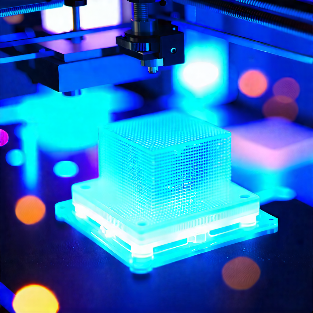 Tech Aerial Photography: 3d printer with blue light glow