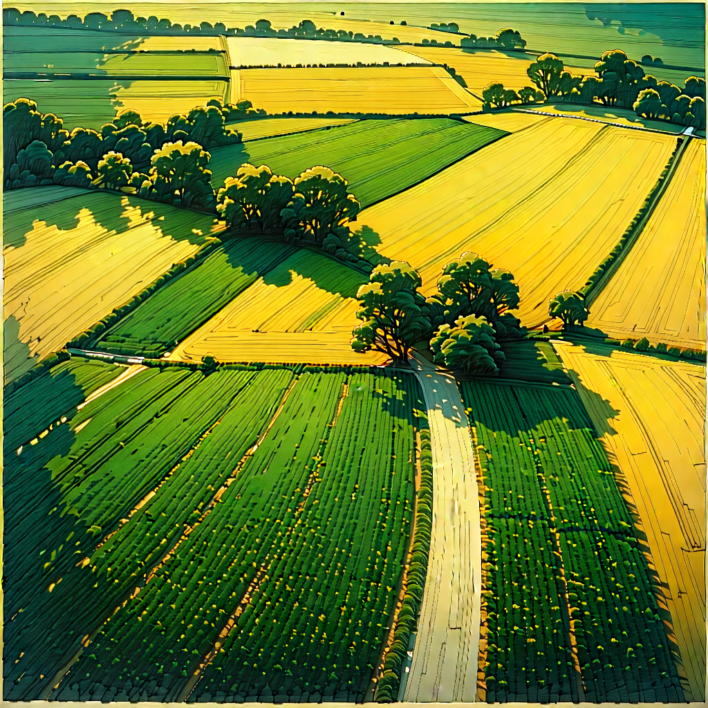 Nature Ink Drawing: Aerial view of agricultural fields