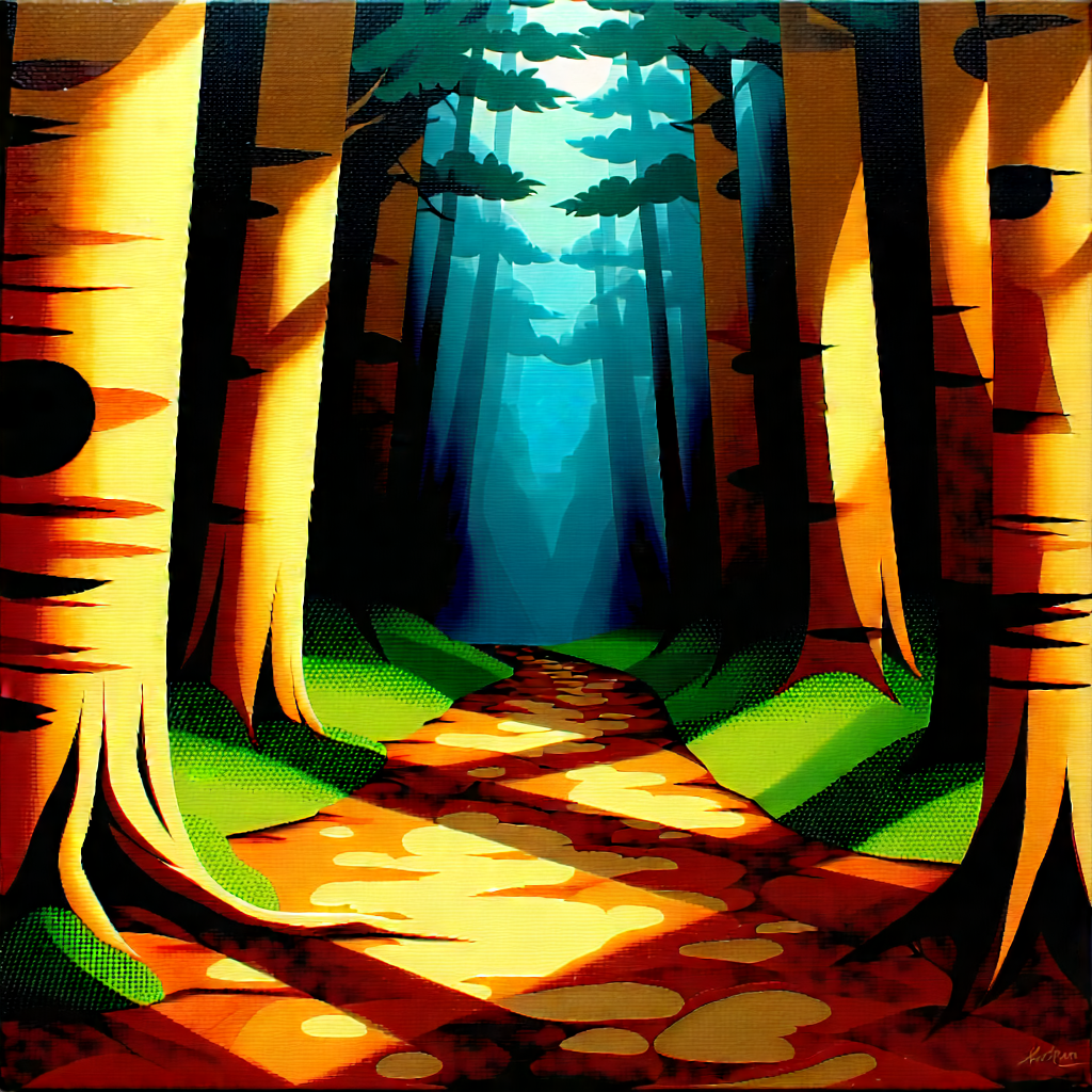 Nature Gouache Painting: Path Through Autumn Woodland With Forest Scene