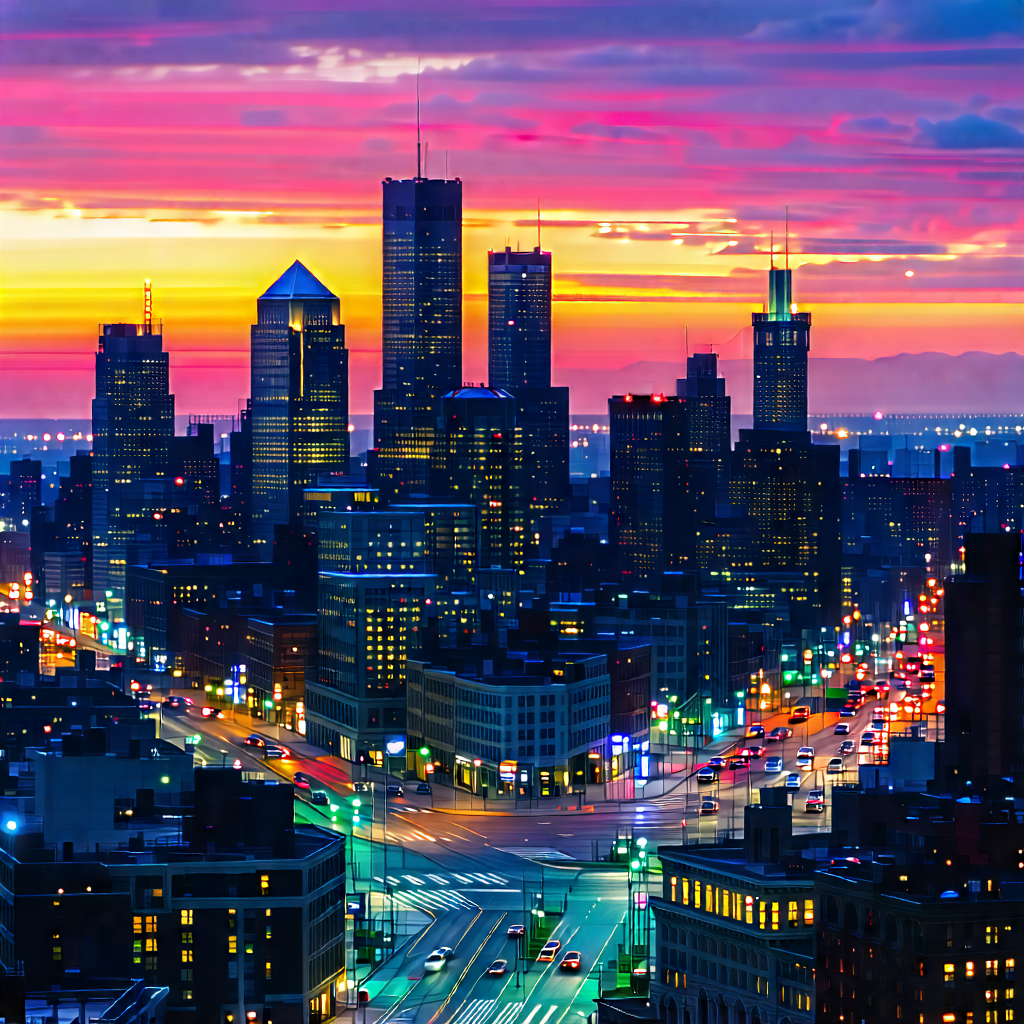 Urban Professional Photography: Cityscape Of Downtown District During (sunset:1.15) With Beautiful Cityscape