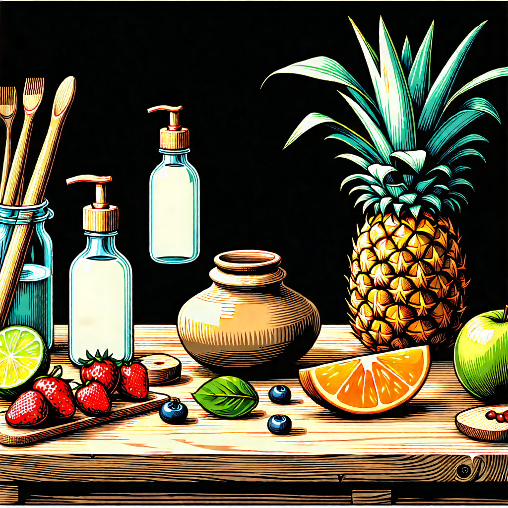 Lifestyle Woodcut Print: Wellness Scene With Healthy Food With Wooden Table