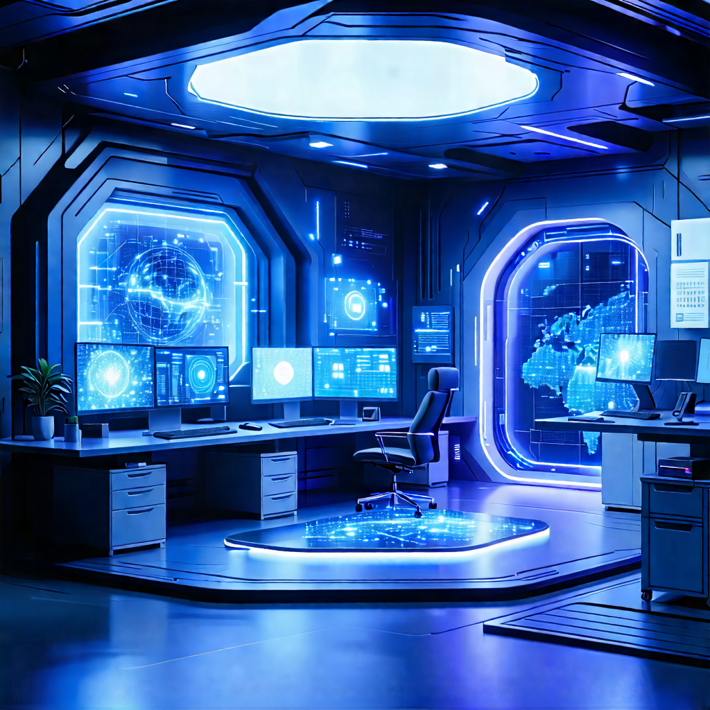 Tech Low Poly: (futuristic:1.38) Tech Startup Office With Futuristic Room,