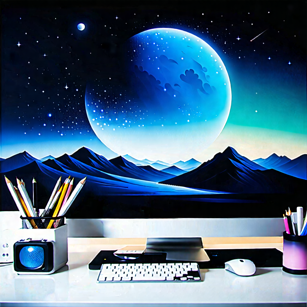 Tech Acrylic Painting: Futuristic Digital Workspace With Computer Desk