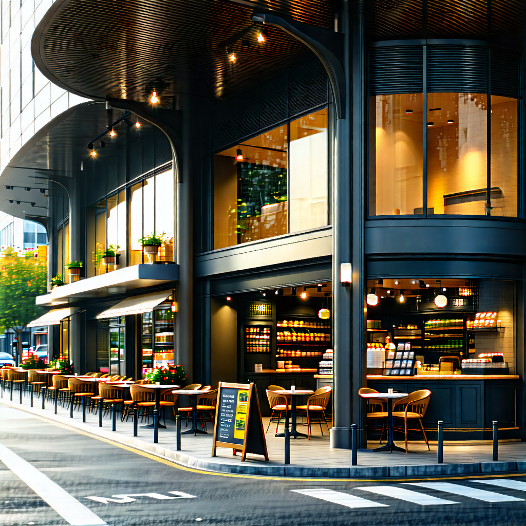Urban Editorial Photography: Urban Street With Cafes And Shops With Large Building