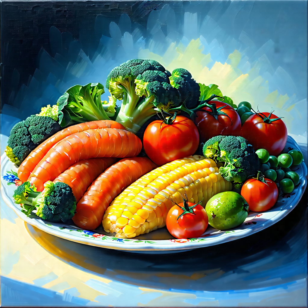 Lifestyle Oil Painting: Healthy Meal Prepared With Fresh Ingredients With Large, Colorful