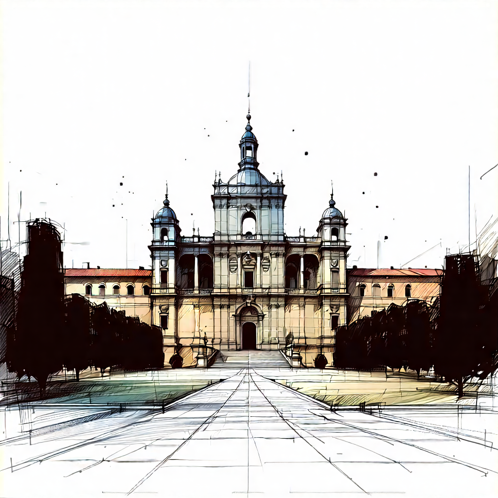 Urban Pencil Sketch: Historic Building With (minimalist:1.21) Design With Large Building