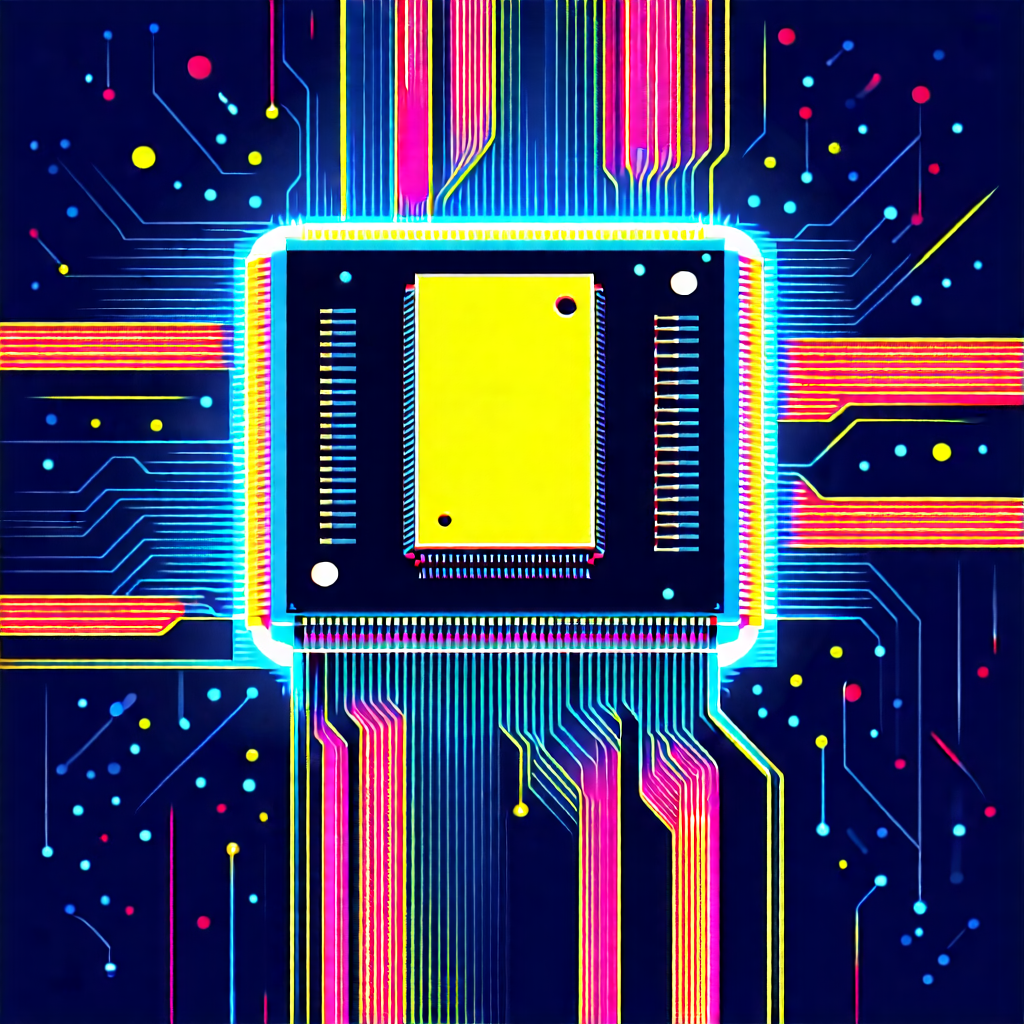 Tech Linocut Print: Microchip with neon accents