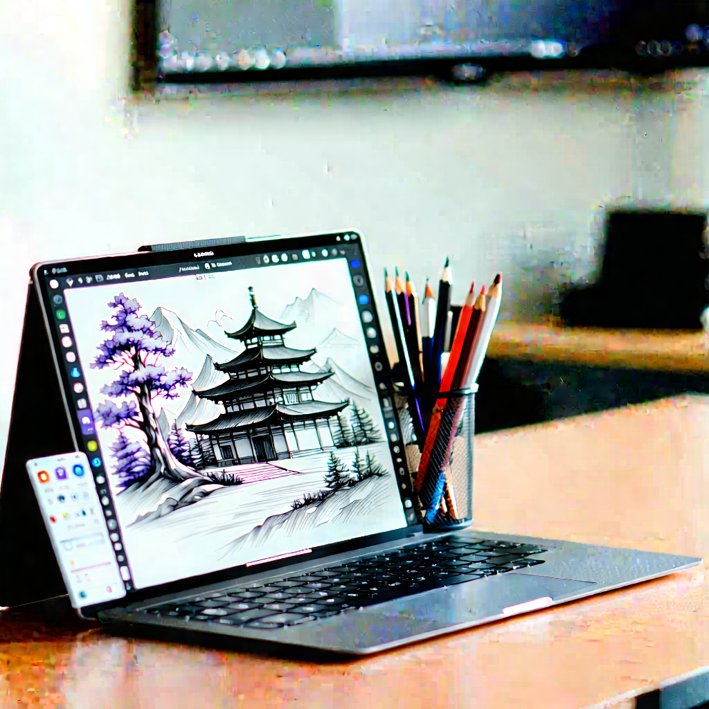Tech Pastel Drawing: Laptop With User Interface With Laptop Computer