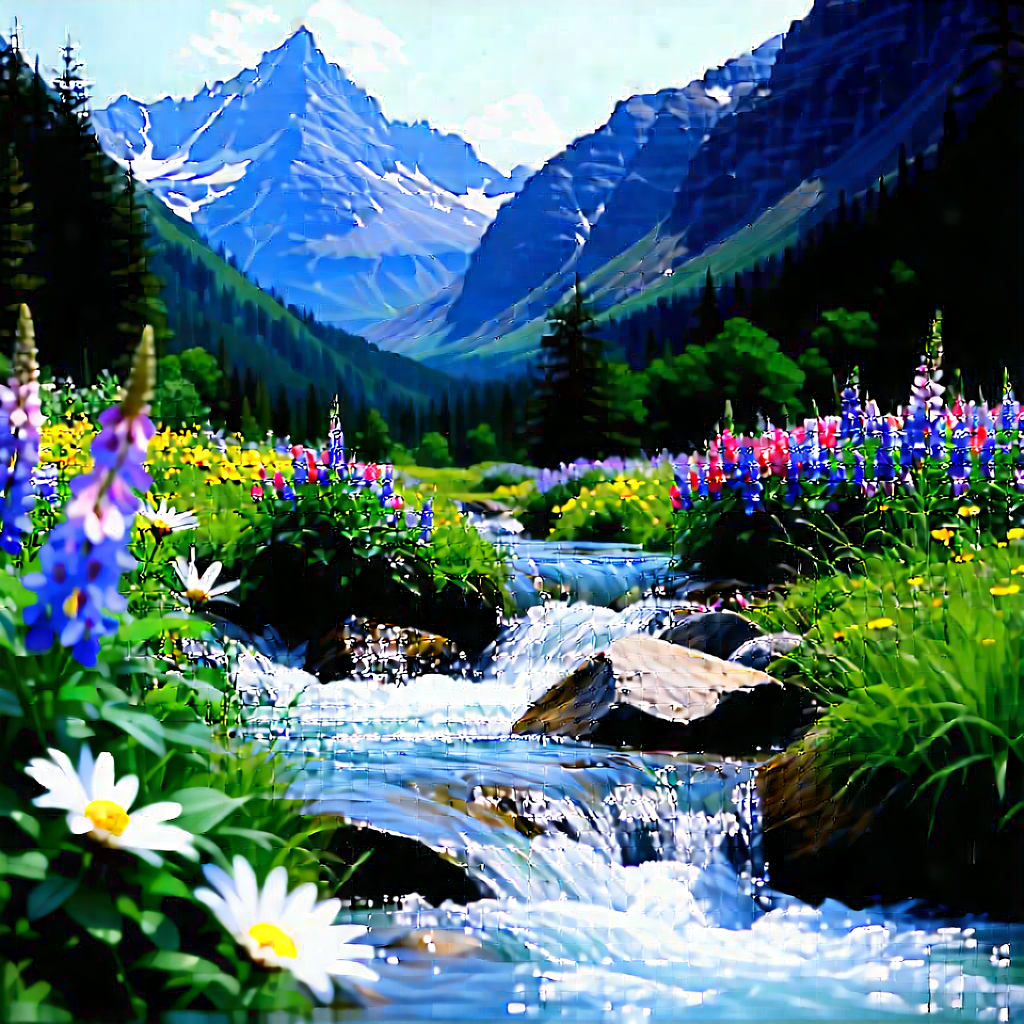 Nature Product Photography: Mountain Stream Surrounded By Wildflowers With Beautiful Mountain