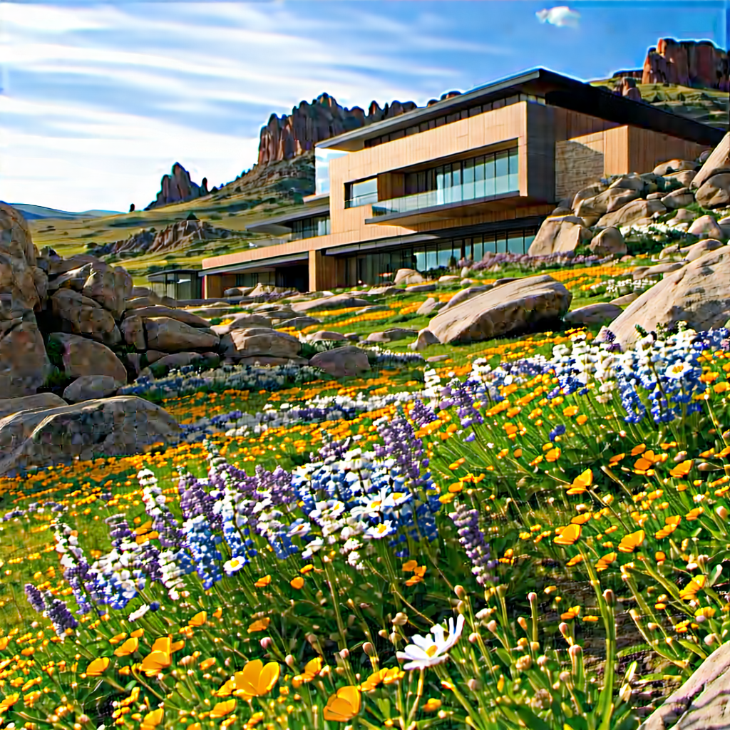 Nature Architectural Photography: Wildflowers In Rocky Terrain With Beautiful Landscape