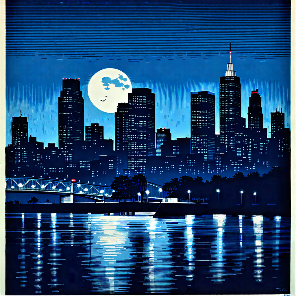 Urban Linocut Print: Cityscape Of Urban Skyline During Night With Nighttime Cityscape