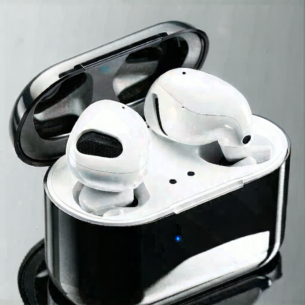 Tech Editorial Photography: Wireless earbuds with user interface
