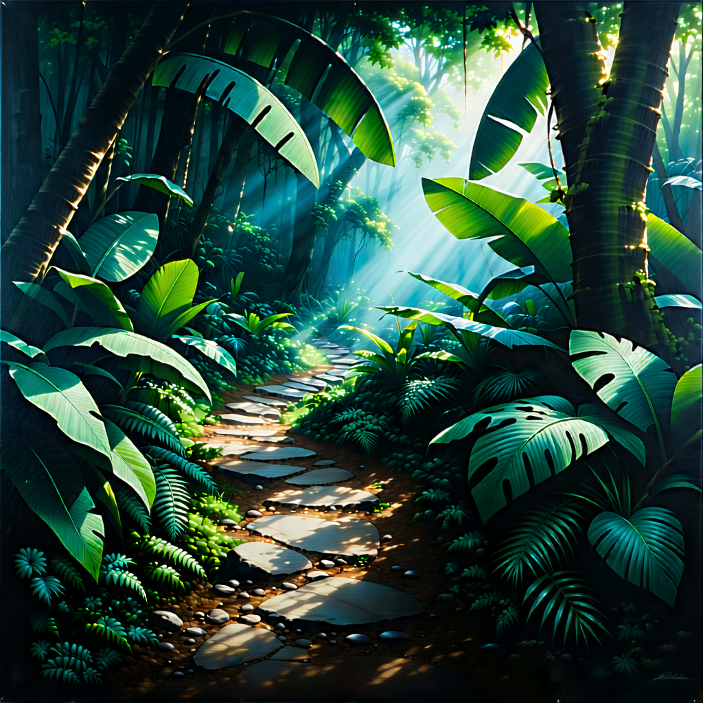 Nature Charcoal Drawing: Path through tropical jungle