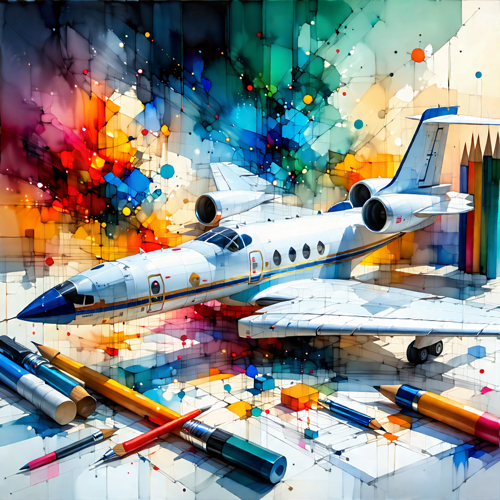 Tech Watercolor Painting: Aerospace Technology In Tech Office With Large White