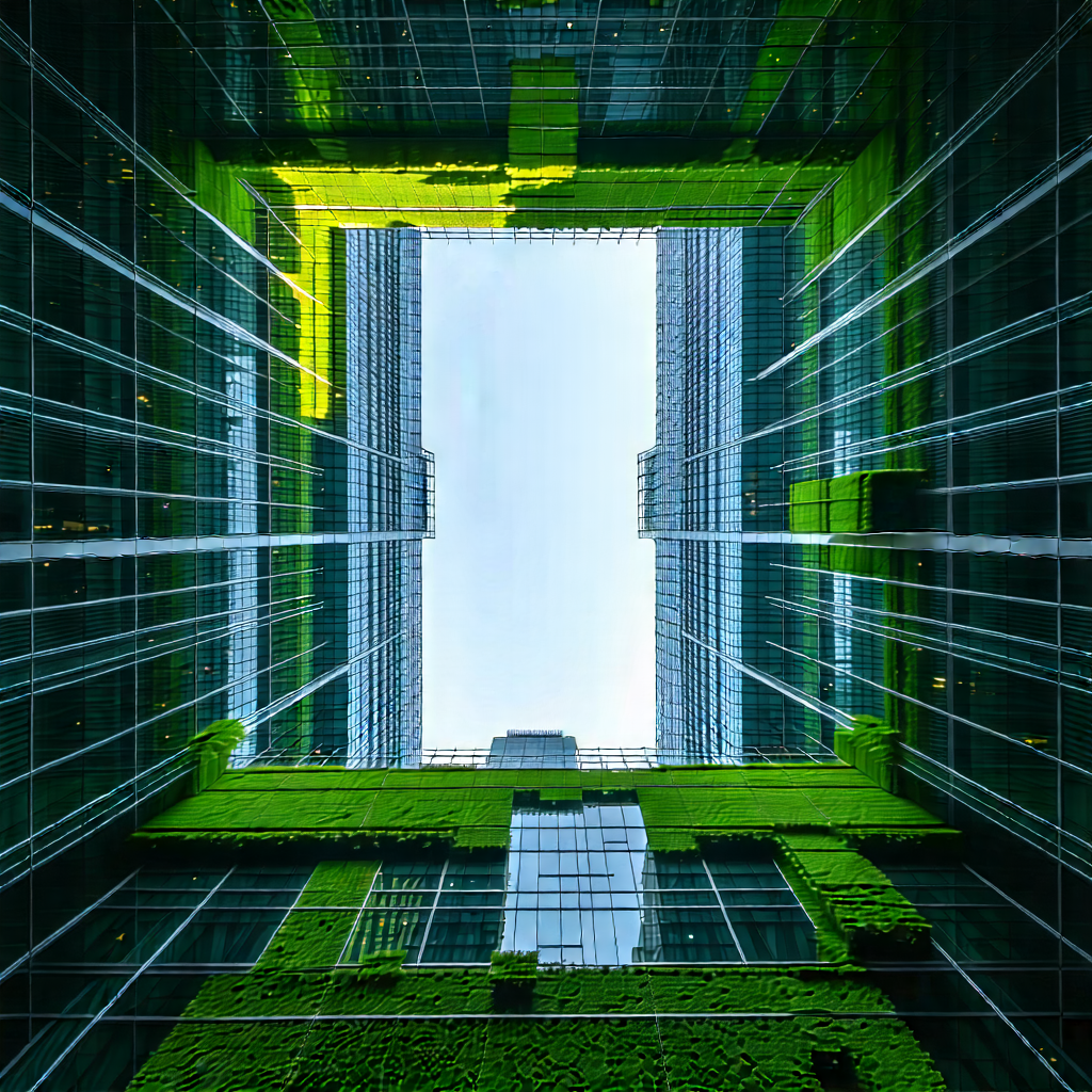 Urban Drone Photography: Skyscraper With Green Rooftop With Large Building