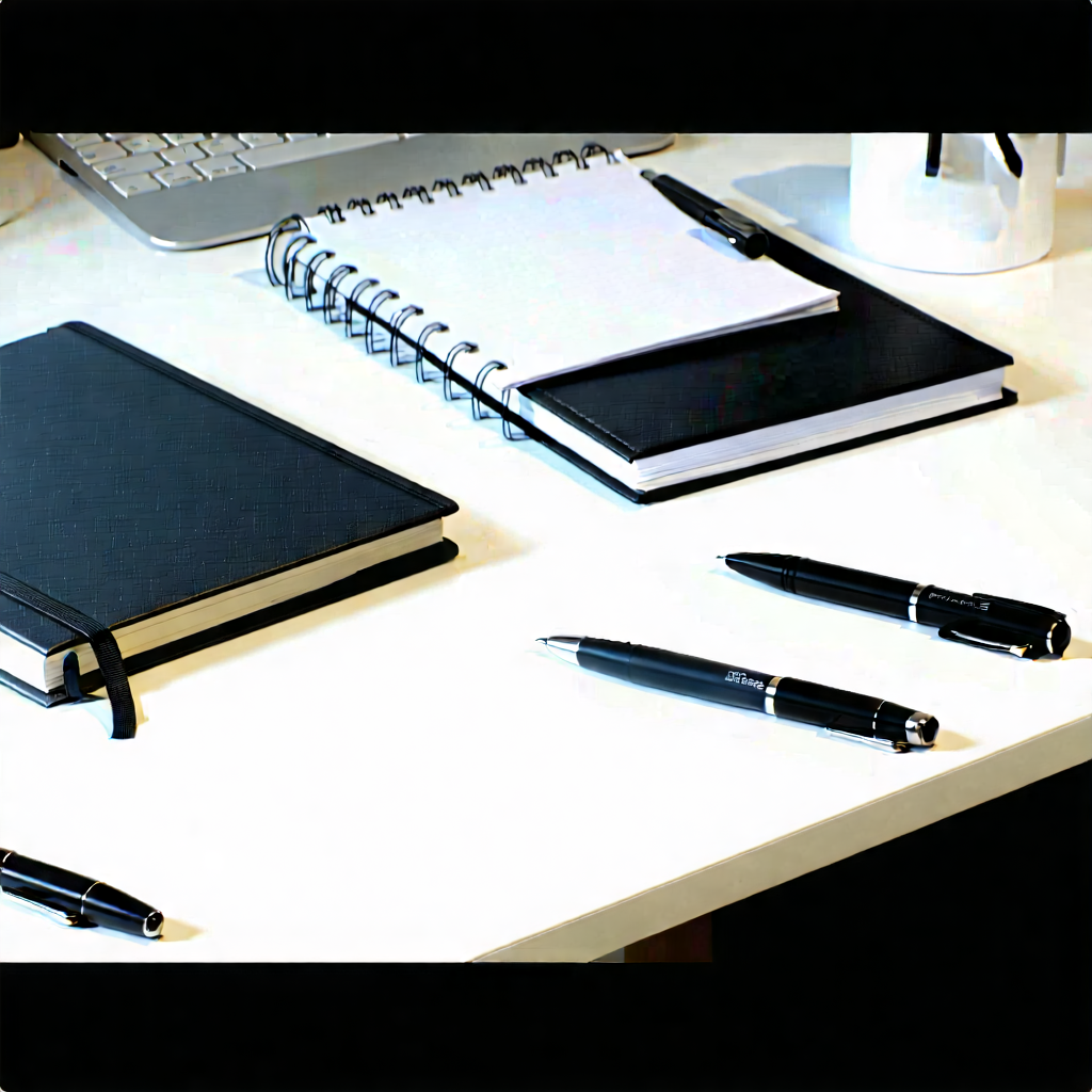 Business Unreal Engine: Workplace With Notebooks And Pens On Desk With Desk Filled