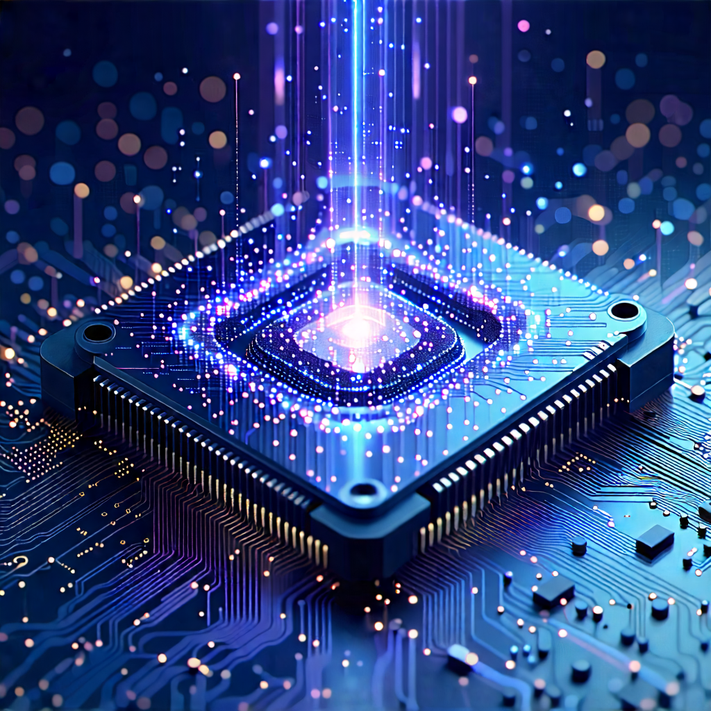 Tech Flat Design: Quantum computer with digital particles