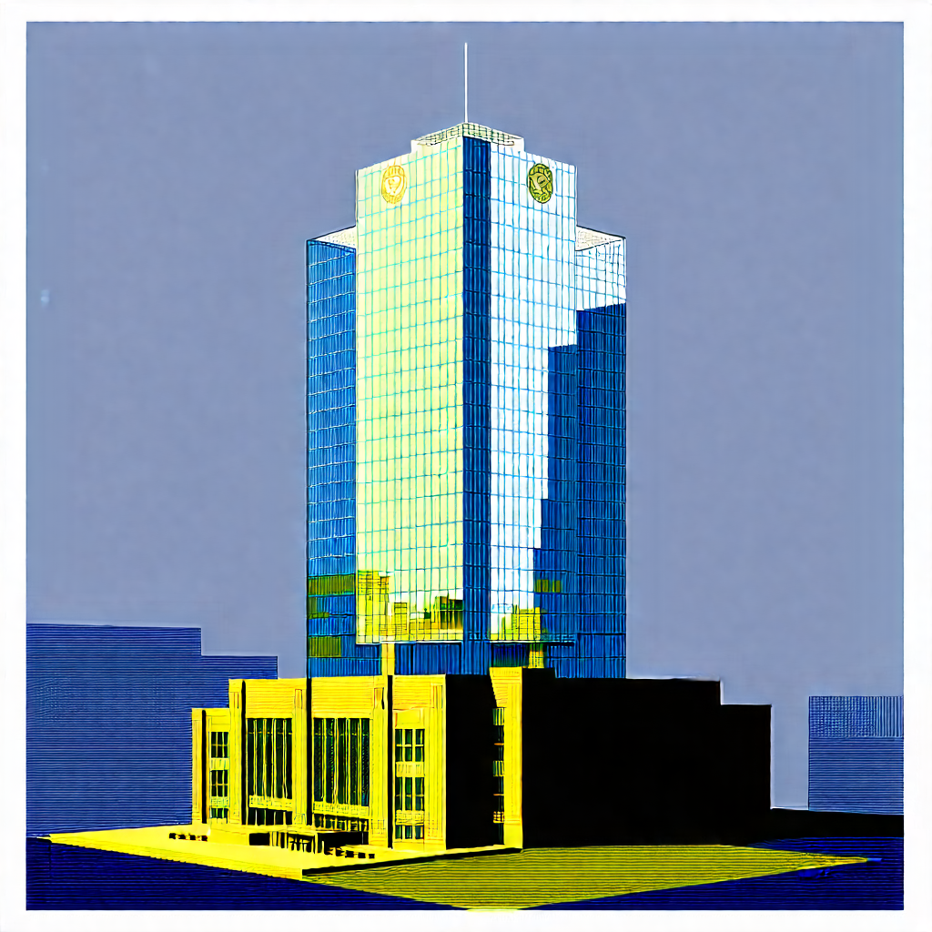 Urban Linocut Print: Glass Office Tower With Ornate Details With Large, Modern