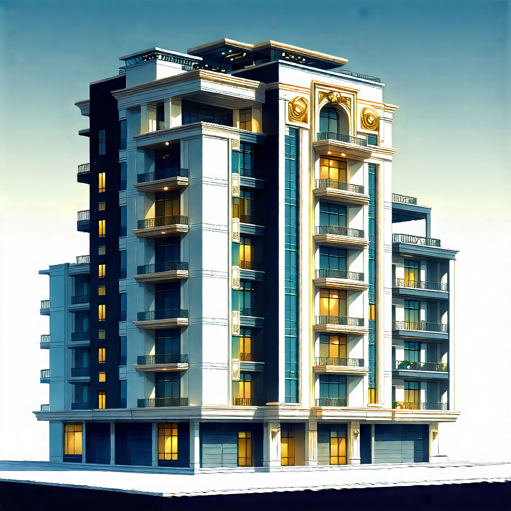 Urban Gouache Painting: Modern Apartment Complex With Ornate Details With Large, Multi-story