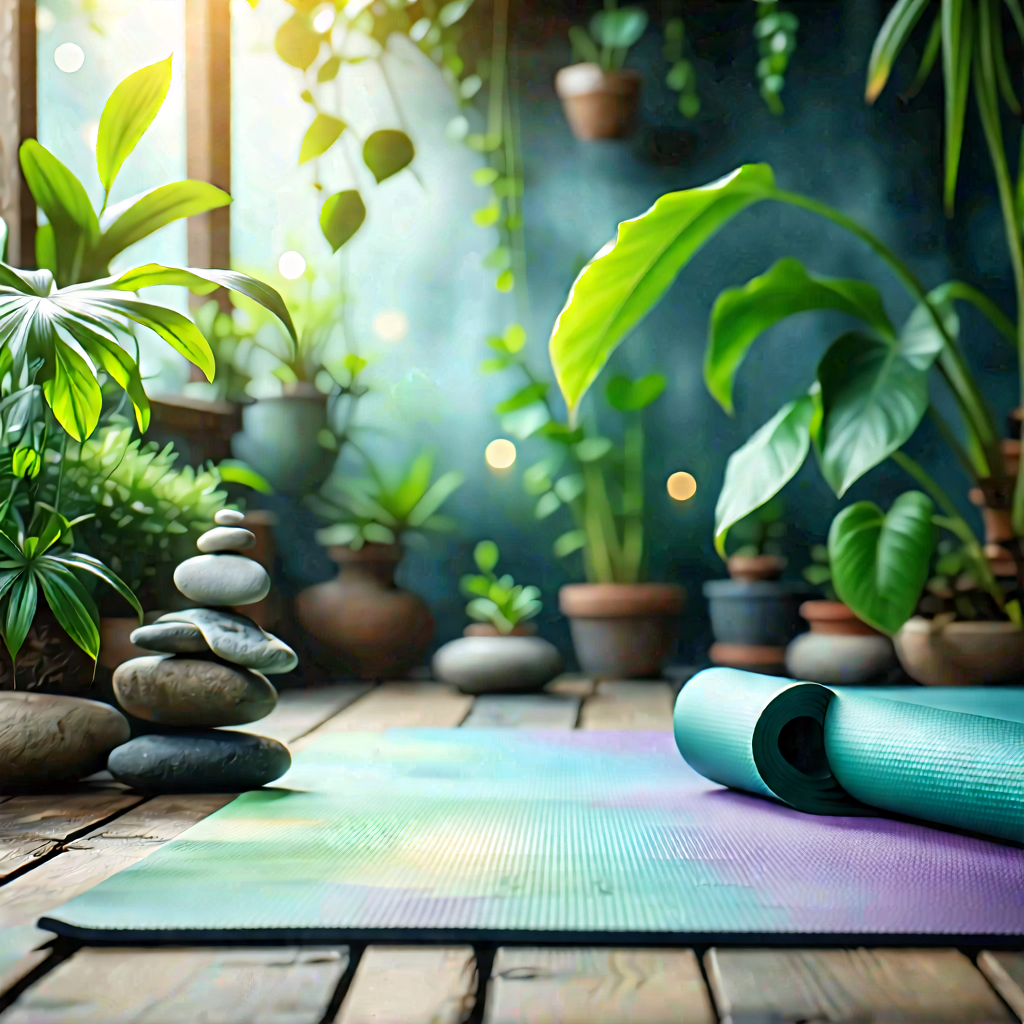 Lifestyle Pastel Drawing: Wellness Scene With Yoga Mat And Plants With Image, There
