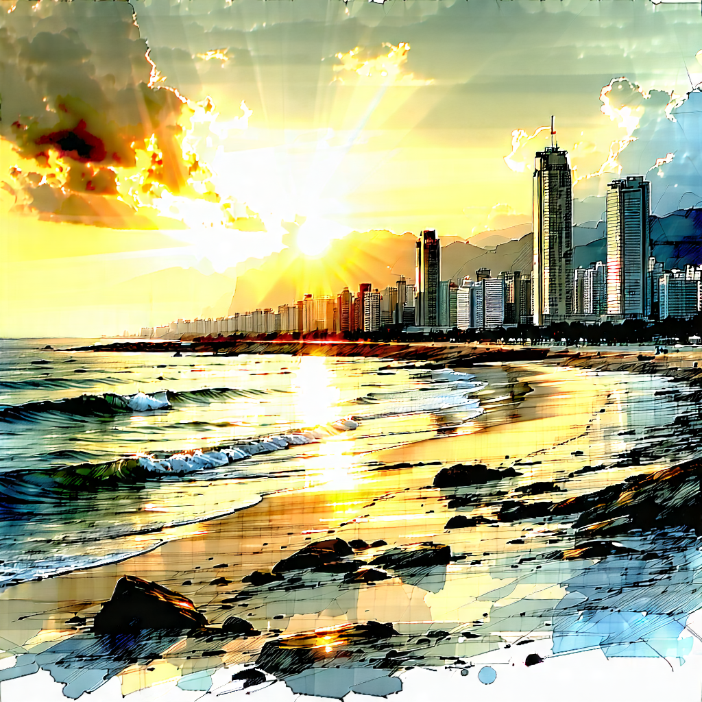 Urban Ink Drawing: Cityscape Of Coastal (city:1.39) During Sunrise With Beautiful Sunset
