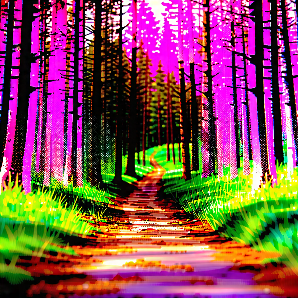 Nature Editorial Photography: Path Through Pine Forest With Colorful, Computer-generated