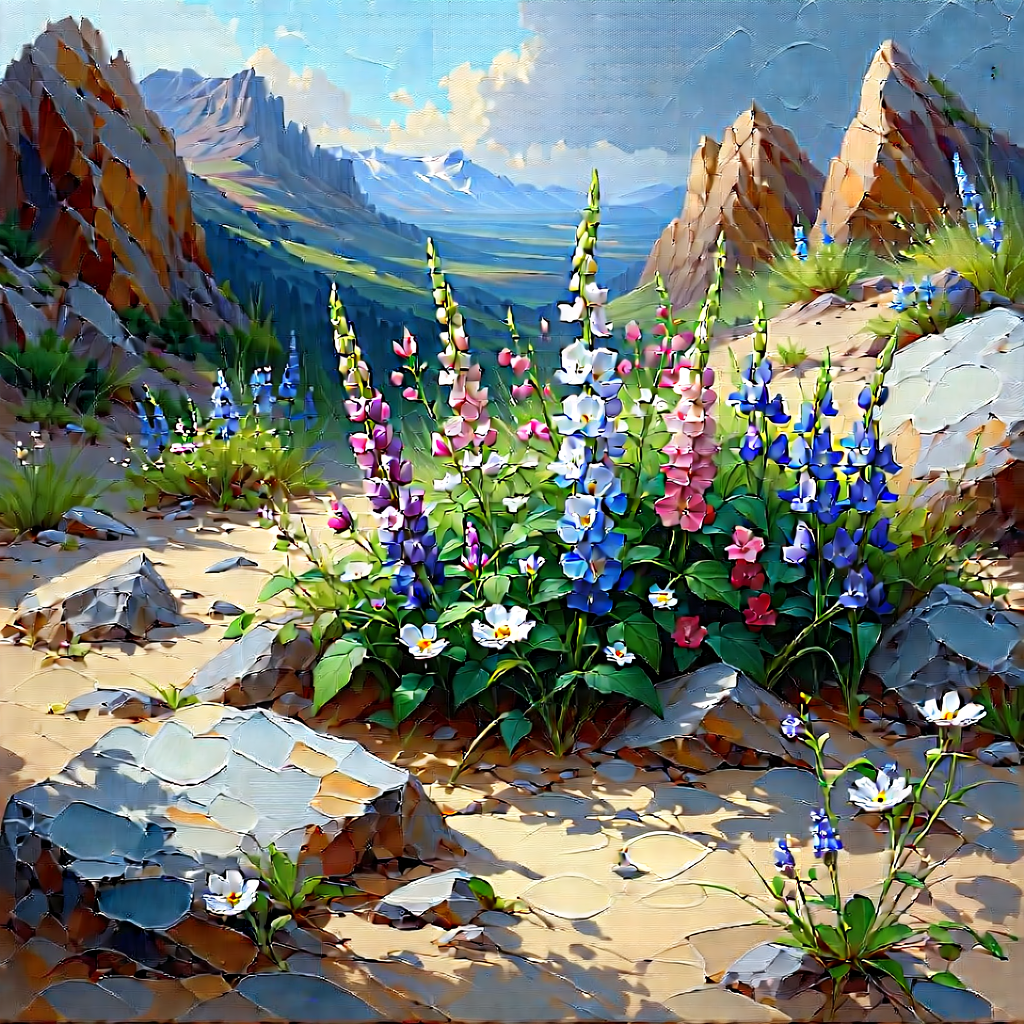 Nature Oil Painting: Wildflowers in rocky terrain