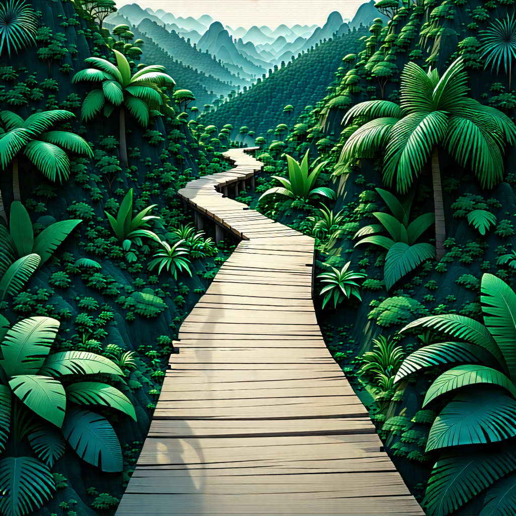 Nature Isometric Design: Path Through Tropical Jungle With Painting Wooden
