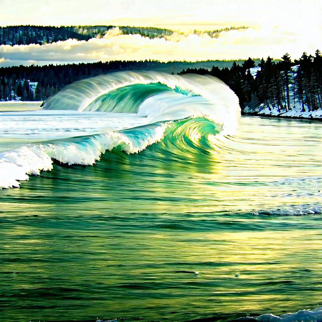 Nature Commercial Photography: Ocean Waves Surrounded By (snow:1.17)-covered (trees:1.21) With Large Wave
