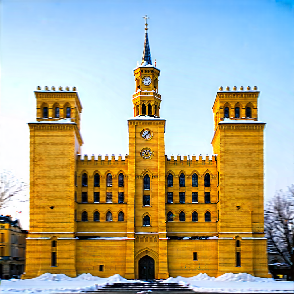 Urban Tilt-shift Photography: Famous Building With Snow Covering With Large, Yellow