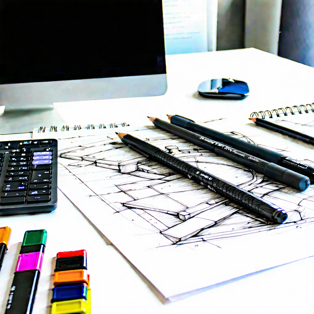 Business Ink Drawing: Workplace with digital devices on desk
