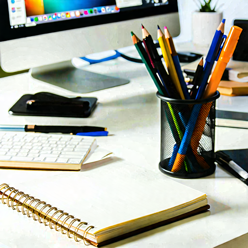 Business Flat Design: Workplace with notebooks and pens on desk