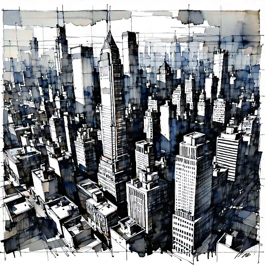 Urban Ink Drawing: Aerial view of city blocks