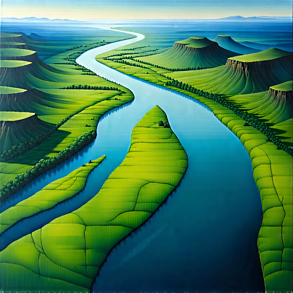 Nature Gouache Painting: Aerial view of winding river