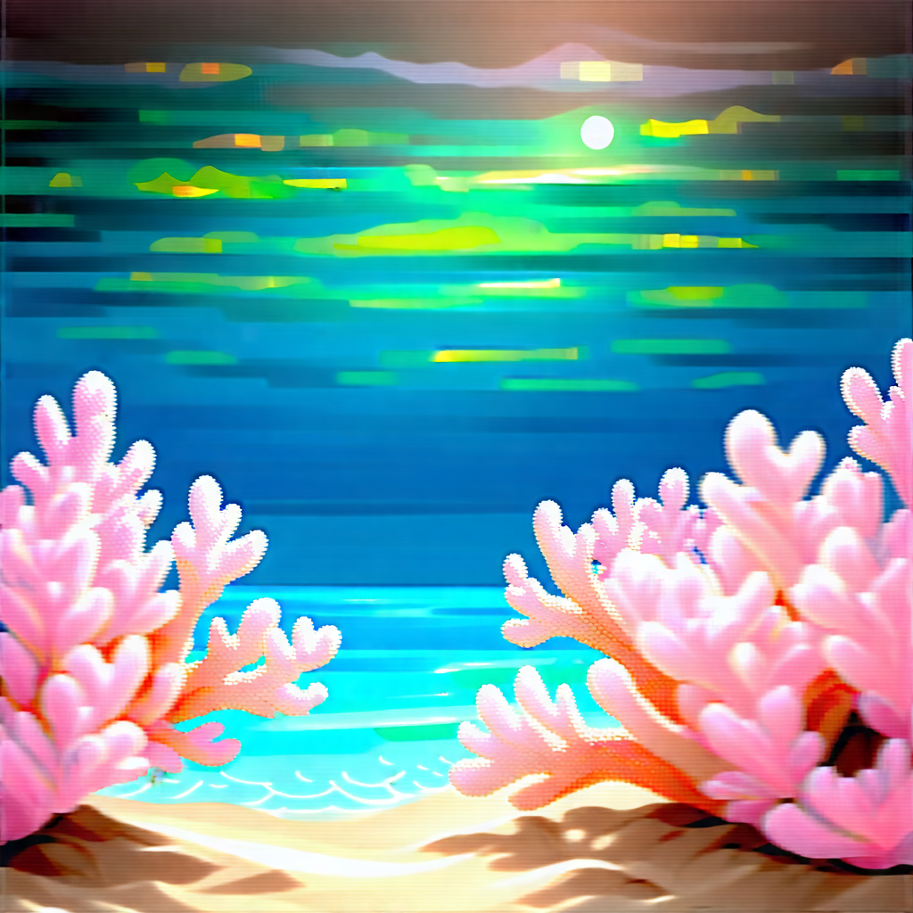 Nature Watercolor Painting: Coral Reef In Spring Bloom With Beautiful Beach