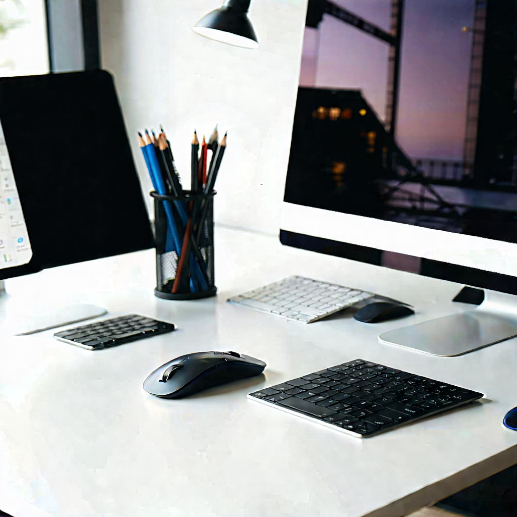Business Macro Photography: Workplace with digital devices on desk