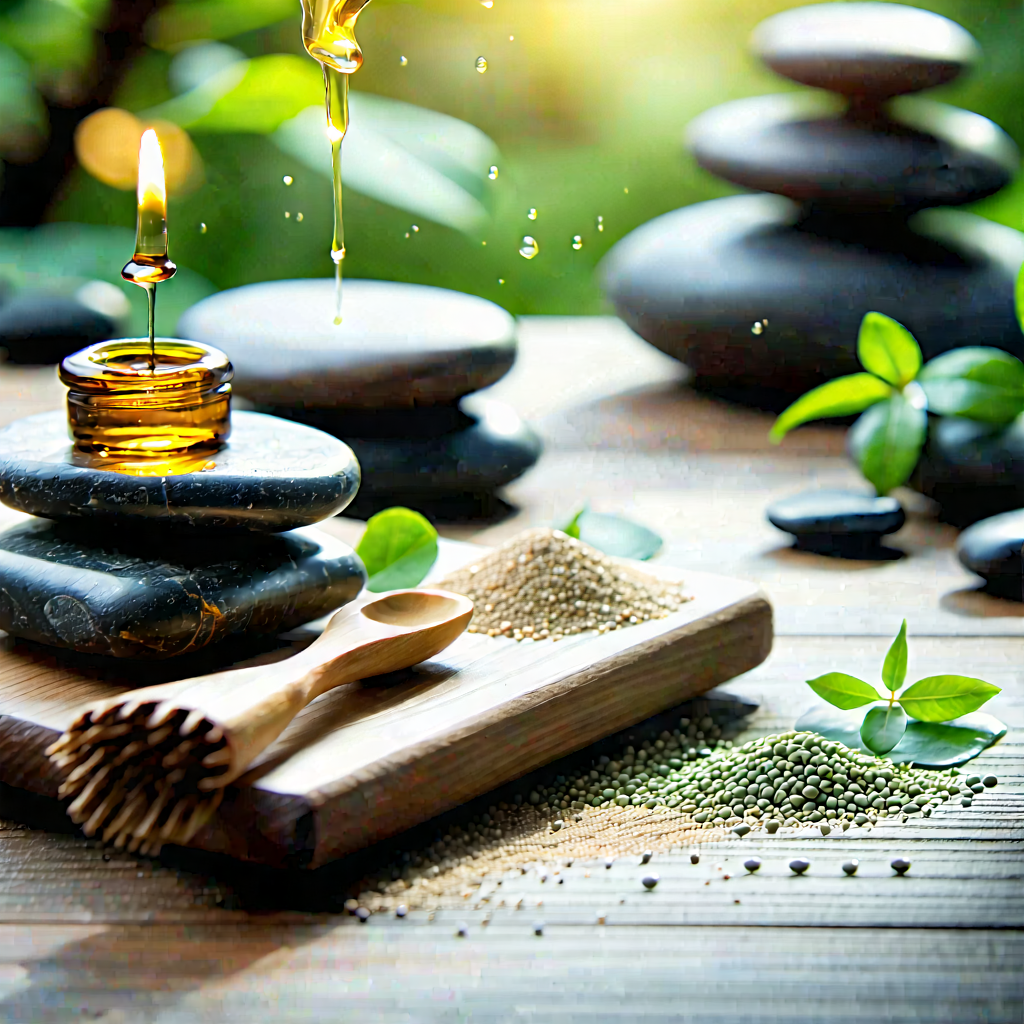 Lifestyle Etching: Wellness Scene With Aromatherapy With Wooden Table