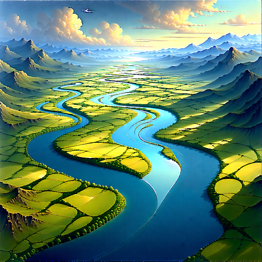 Nature Oil Painting: Aerial View Of Winding River With Painting Beautiful