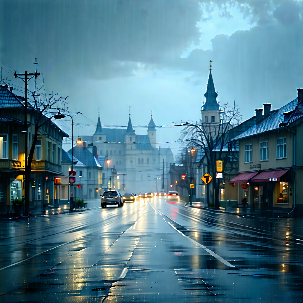 Urban Long Exposure Photography: Cityscape Of Small Town During Rainy Evening With Rainy Night