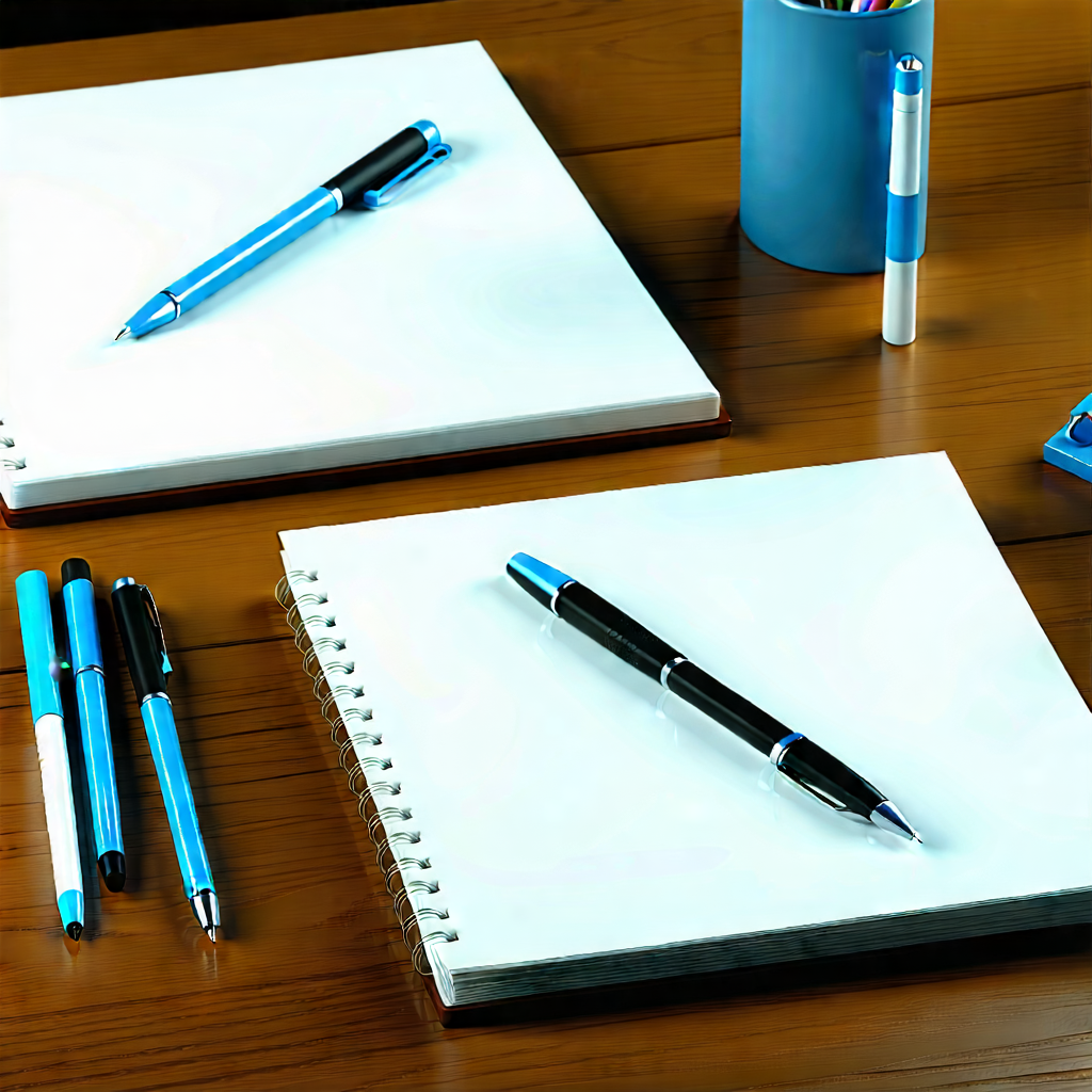 Business 3D Render: Workplace with notebooks and pens on desk