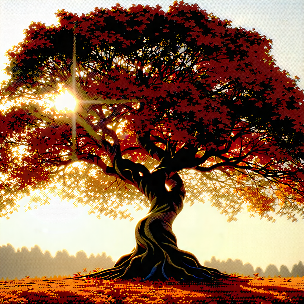Nature Digital Illustration: Ancient Tree In Autumn Colors With Large Tree