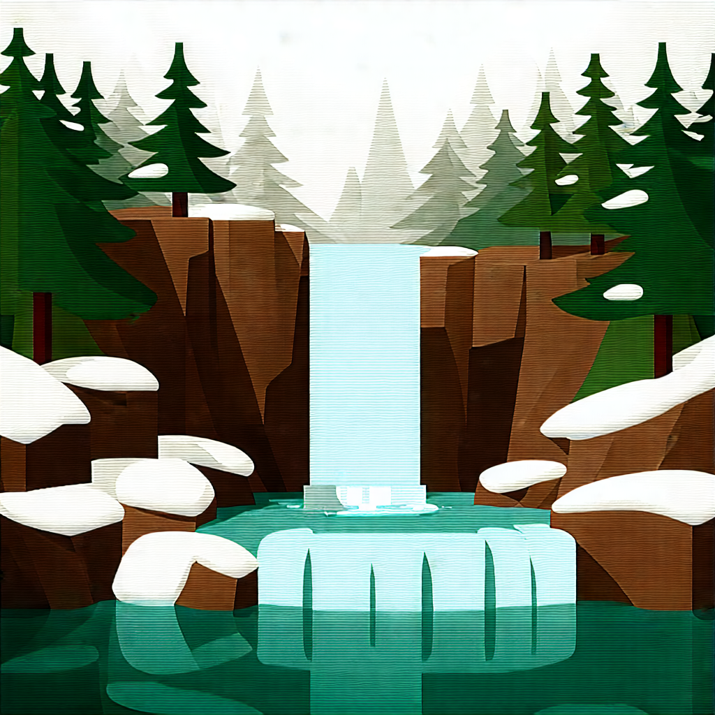 Nature Digital Illustration: Waterfall Pool Surrounded By Snow-covered Trees With Image, There
