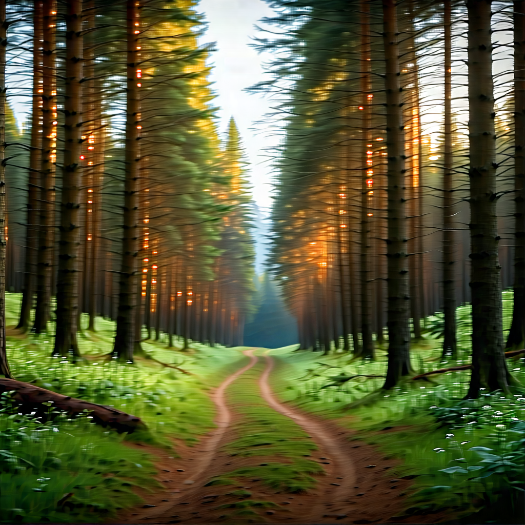 Nature Lithograph: Path Through Pine (forest:1.12) With Painting Forest