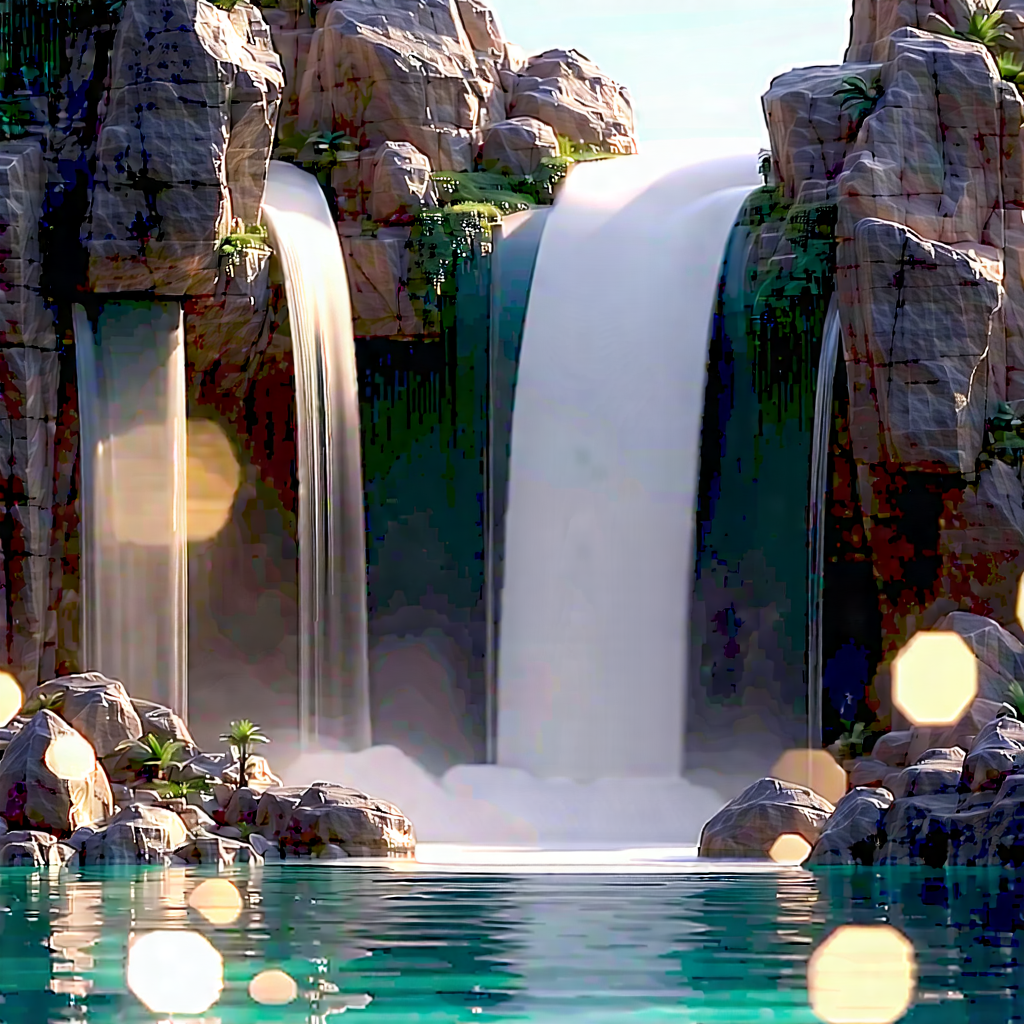 Nature 3D Render: Waterfall pool surrounded by rocky shores