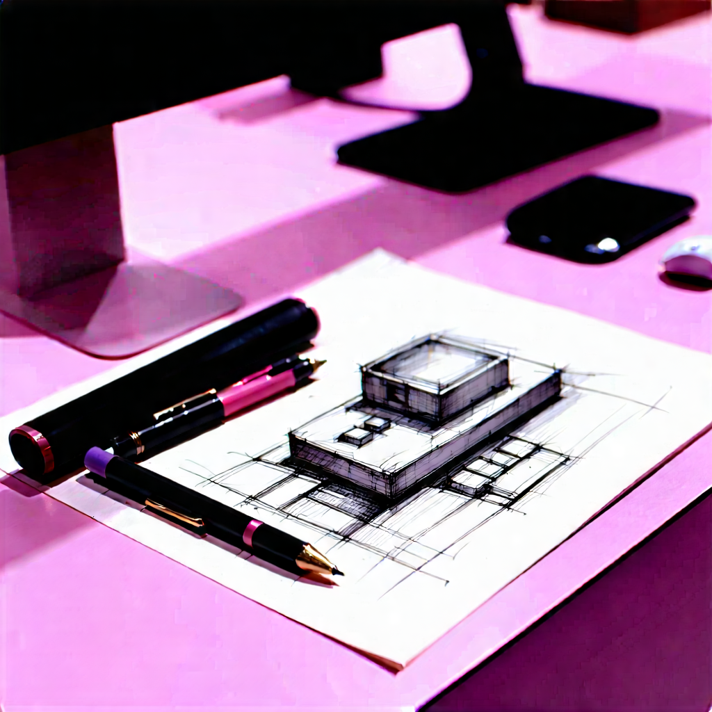 Business Charcoal Drawing: Workplace with productivity tools on desk