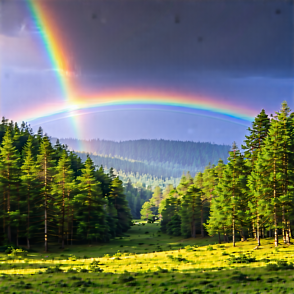 Nature 3d Render: Rainbow Over Forest Clearing With Beautiful Rainbow