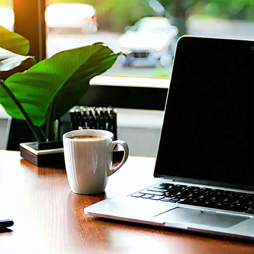 Business 3d Render: Workplace With Laptop And Coffee On Desk With Laptop Computer