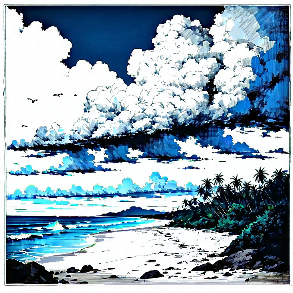 Nature Ink Drawing: Dramatic Clouds Over Tropical Beach With Black White