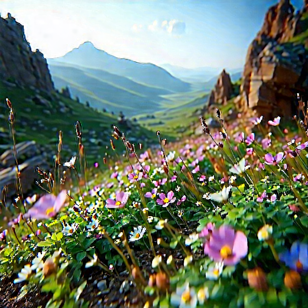 Nature Matte Painting: Wildflowers In Rocky Terrain With Beautiful, Lush