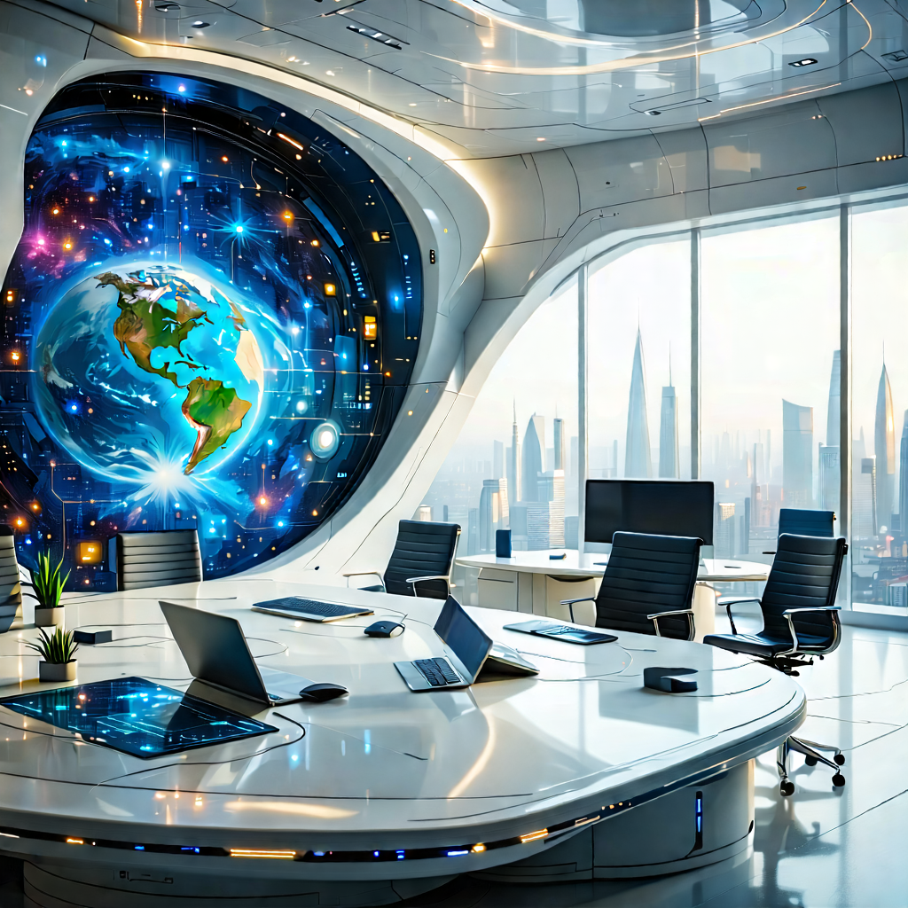 Tech Acrylic Painting: (futuristic:1.17) Tech Startup Office With Image, There